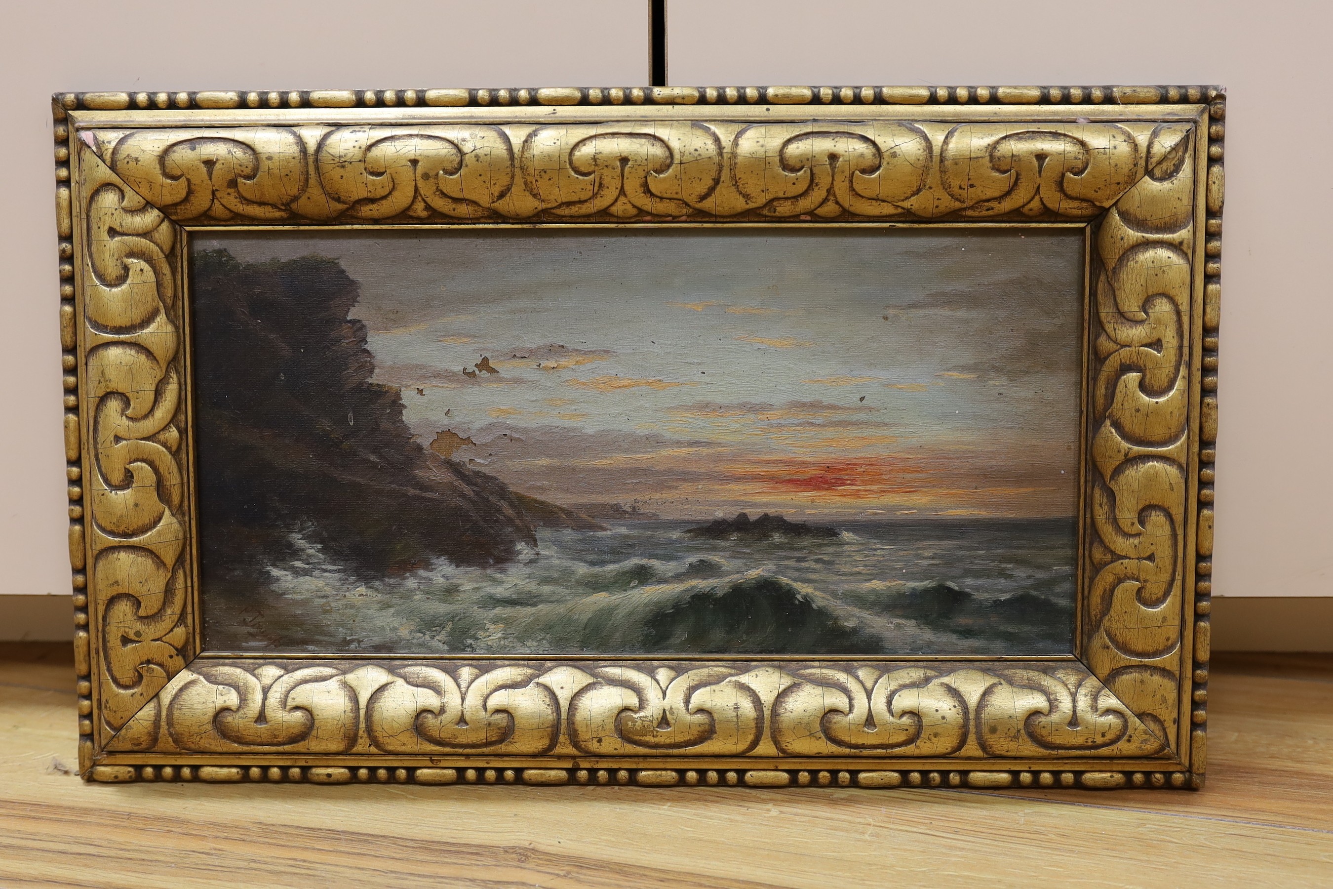 P. Jessop, oil on canvas, Sunset along the coast, indistinctly signed, 19 x 39cm
